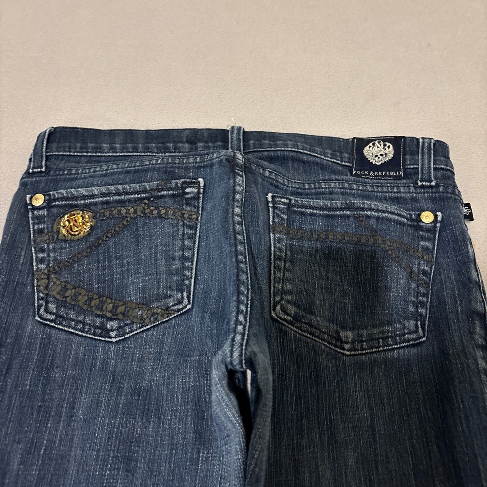 Rock & Republic Womens 28 Dark Wash Flare Low Rise Jeans Grunge Denim Y2K Chic - Picture 7 of 7